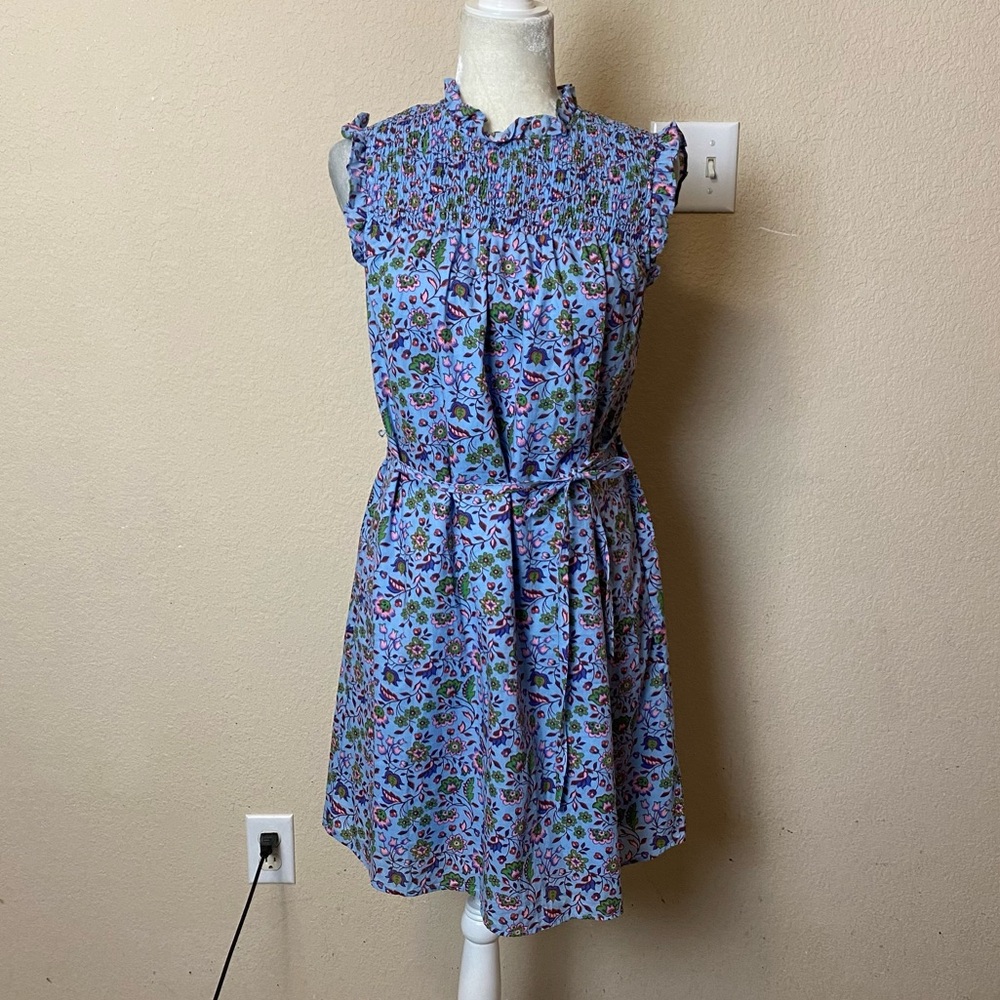 Boden Periwinkle Blue Floral Sleeveless Smocked Belted Cotton Mini Dress Size 6 - Picture 2 of 11